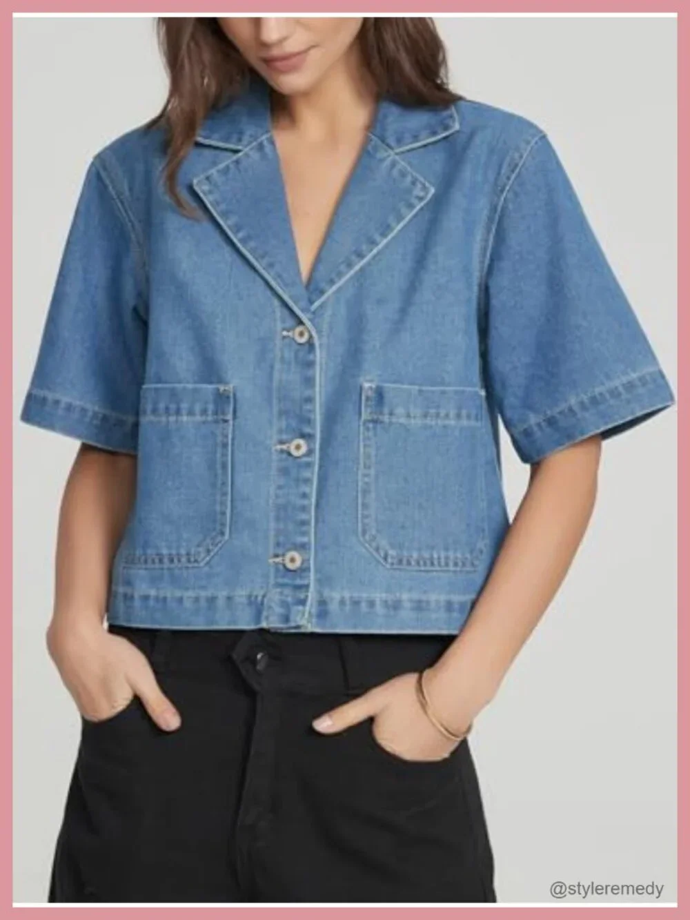 Cropped Denim Jacket Short Sleeve Boxy Button Front Jean Shirt for Women
